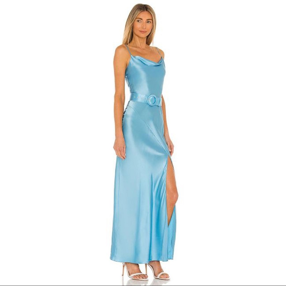 NWT Nicholas x Revolve Simone Silk Maxi Dress Belted Slit Gown Sky Blue 2 - Picture 2 of 12